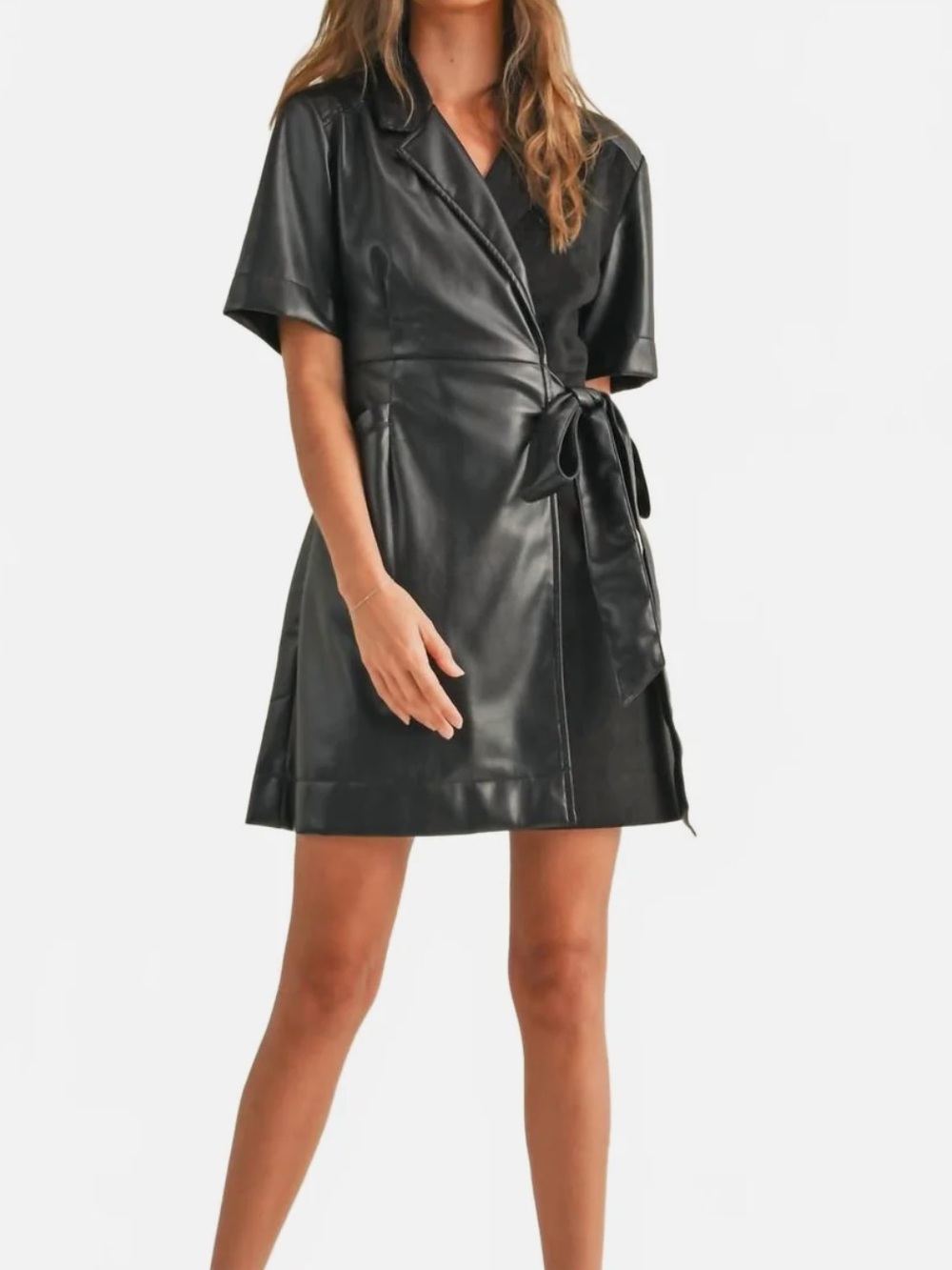 NEW MIOU MUSE melody pleather collared wrap dress in Black small